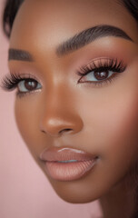 Fototapeta premium close up portrait of woman with flawless makeup, featuring long eyelashes, perfectly shaped eyebrows, and smooth skin, set against soft pink background