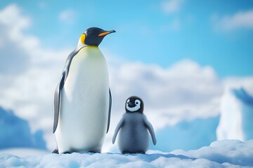 Fototapeta premium Photograph of a penguin with its baby in the middle of an Antarctic ice block, against a blue sky, Generative AI