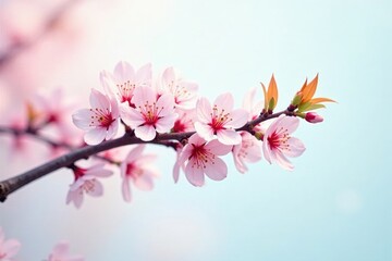 Obraz premium Pastel colored blossoms unfold from a lone tree branch against a pristine backdrop, clean background, blooming trees