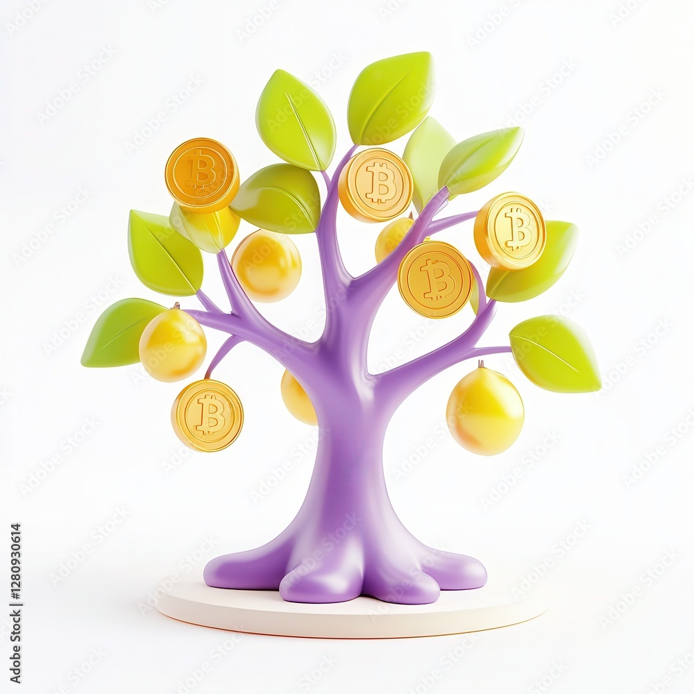 Poster a colorful 3d render of a tree with golden bitcoin coins hanging from its branches.