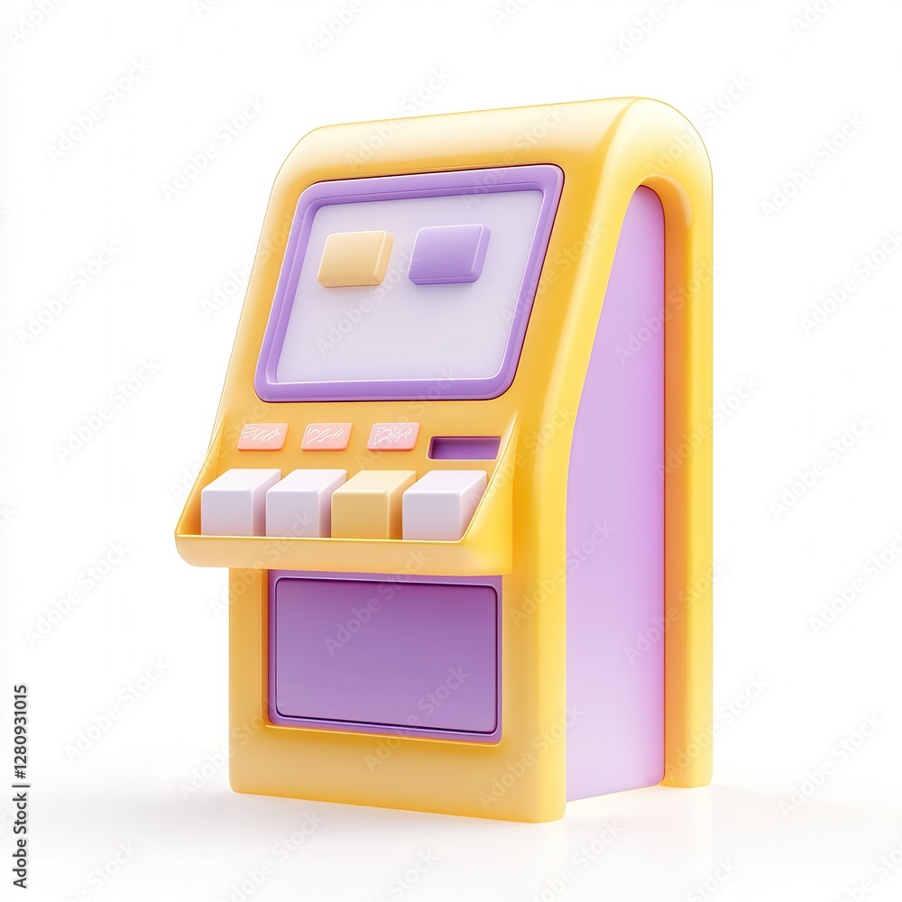Poster a colorful 3d slot machine model with pastel colors, featuring buttons and levers designed for visua