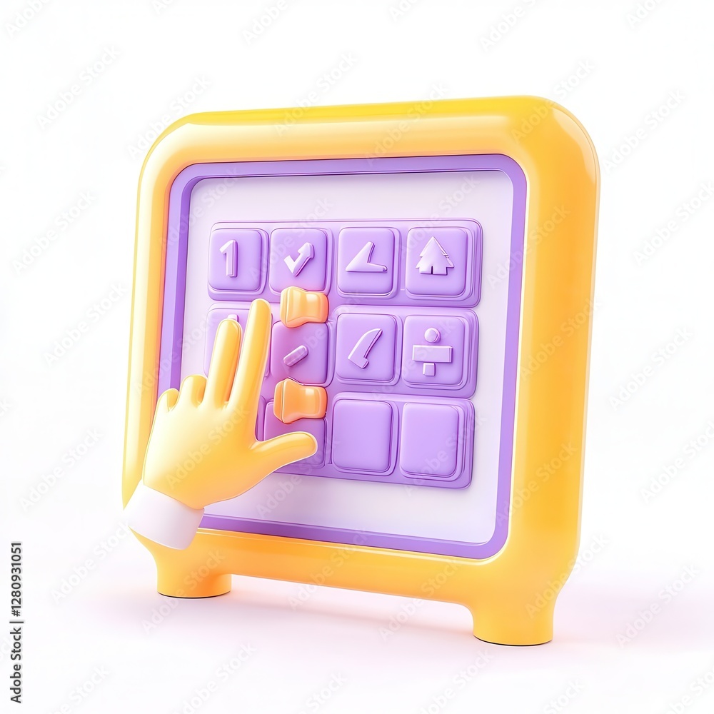 Poster a colorful 3d hand interacting with a button panel featuring choice icons for tasks.
