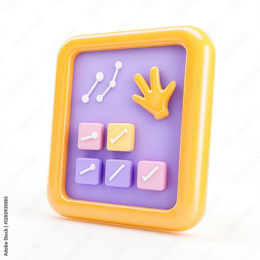 Poster a colorful 3d icon featuring checkboxes, a hand, and line graphs within a square frame.