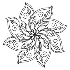 Floral Mandala Coloring Page: Intricate Flower Design with Leaves & Swirls - Printable Art for Relaxation & Creative Expression