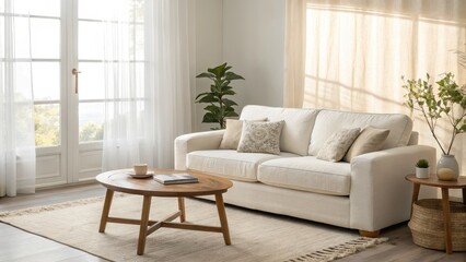 Beautifully designed and furnished modern living room with a comfortable sofa wooden coffee table and decorative elements like a potted plant and rug