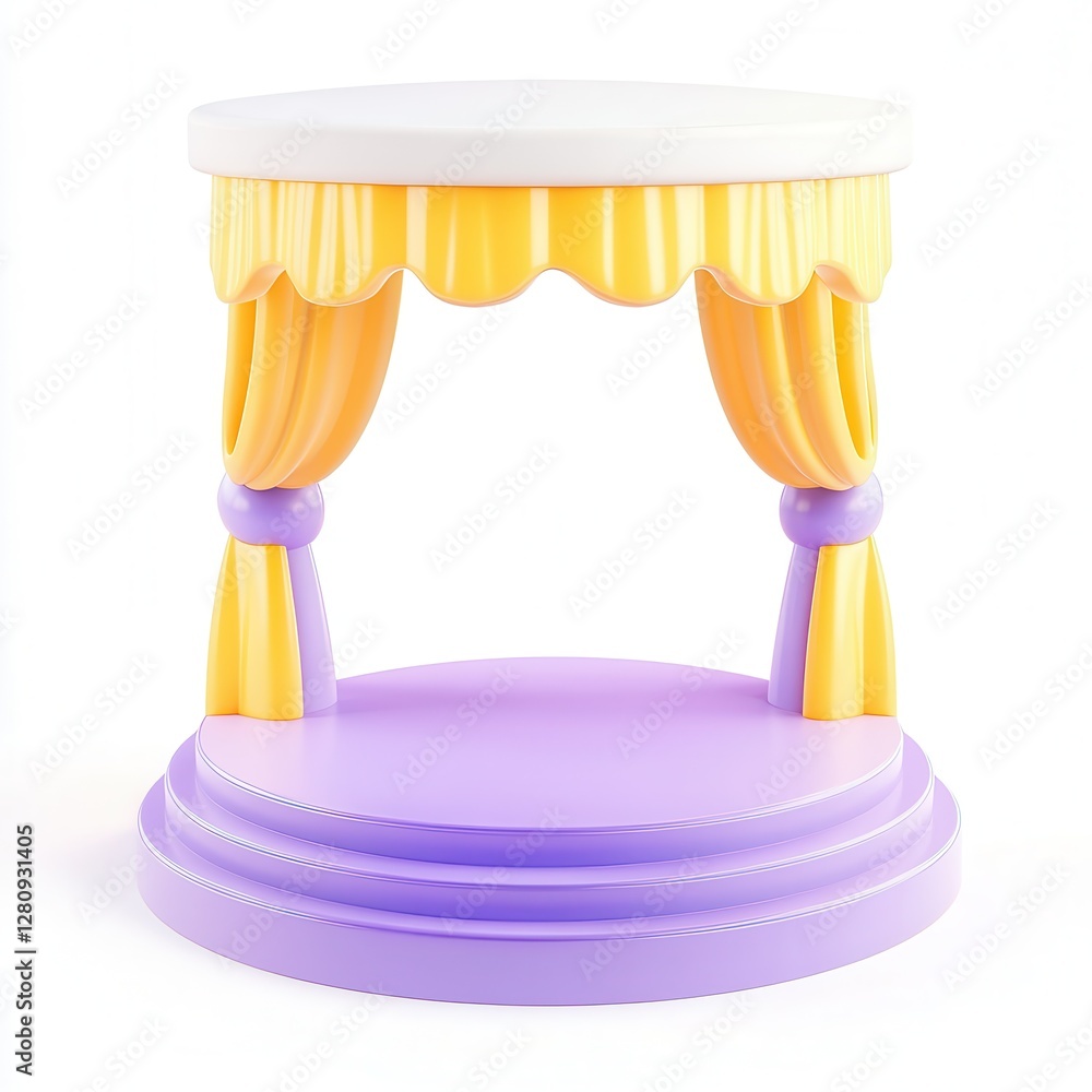Poster a whimsical 3d round table with a yellow and purple color scheme, featuring draped curtains that add
