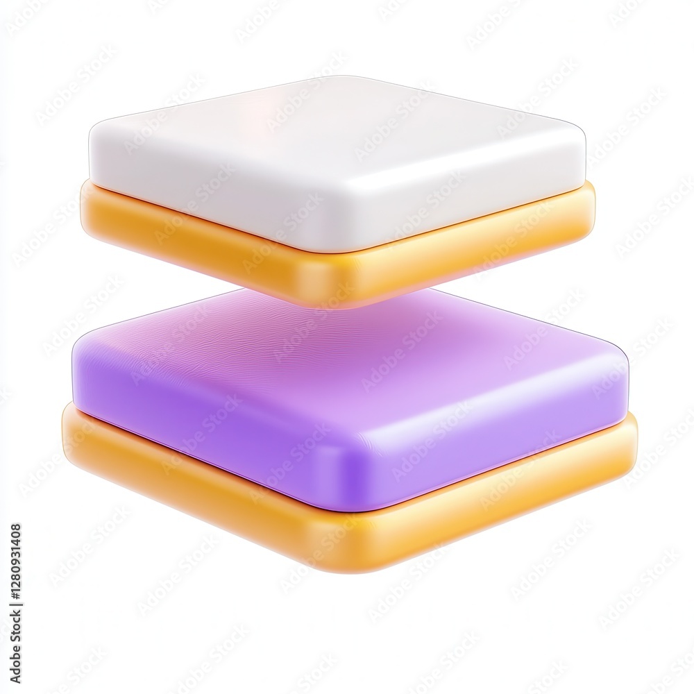 Poster a stylized 3d rendering of two square layers, one white and one purple, with smooth edges and a glos