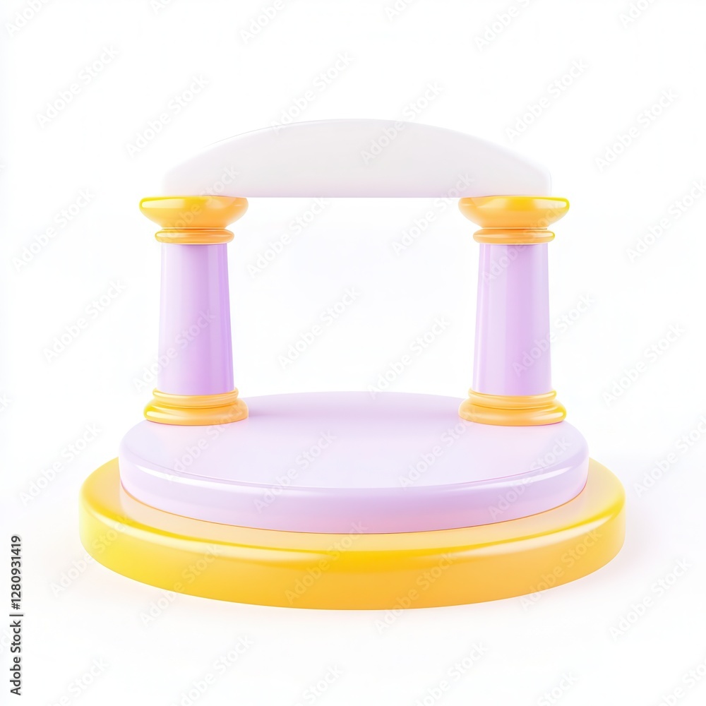 Poster A vibrant 3D model of a stylized pedestal with colorful columns and a smooth surface, set against a minimal white background.
