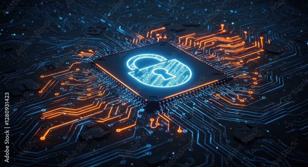 Poster a glowing lock icon integrated into a digital circuit board symbolizing data protection and secure t