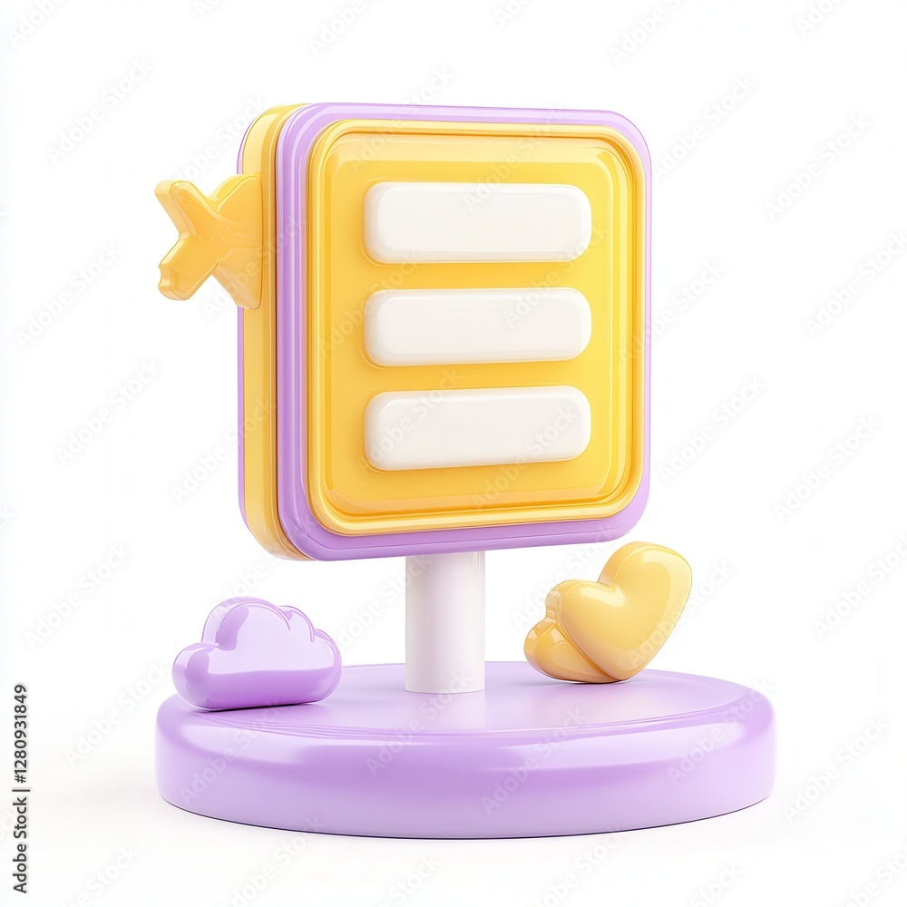Poster a playful 3d rendering of a yellow and white icon with clouds and a heart on a purple base.