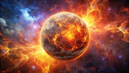 Fiery Sphere Ascending on Cosmic Background, ascending flame, nuclear reaction,  ascending flame, nuclear reaction,fireball