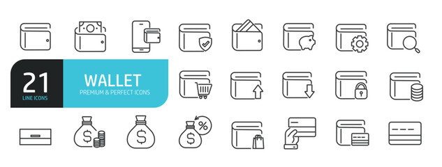 Set of line icons related to wallet, money, finance. Outline icons collection. Editable stroke. Vector illustration