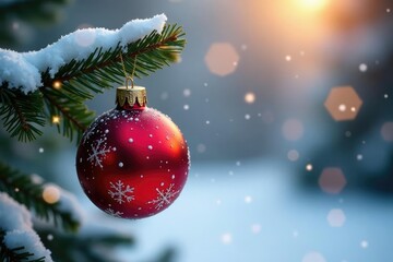 Fototapeta premium Red bauble on a branch with snowflakes around it, Winter wonderland, Sparkling lights