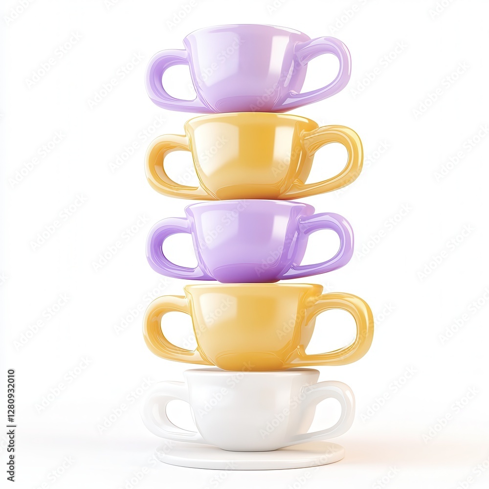 Poster a stack of colorful cups arranged in a neat formation, showcasing a combination of purple and yellow