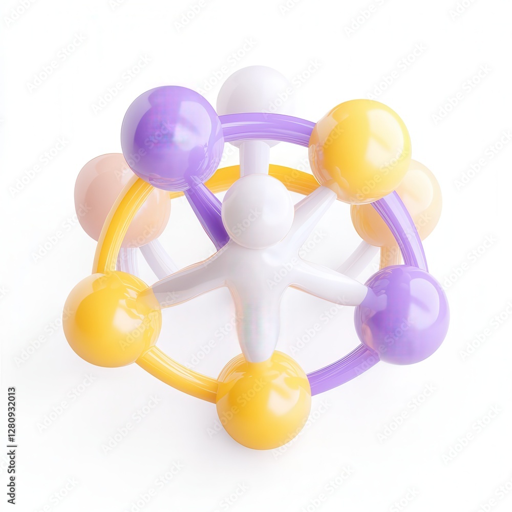 Poster colorful 3d model of a molecular structure with various spheres and a central figure.
