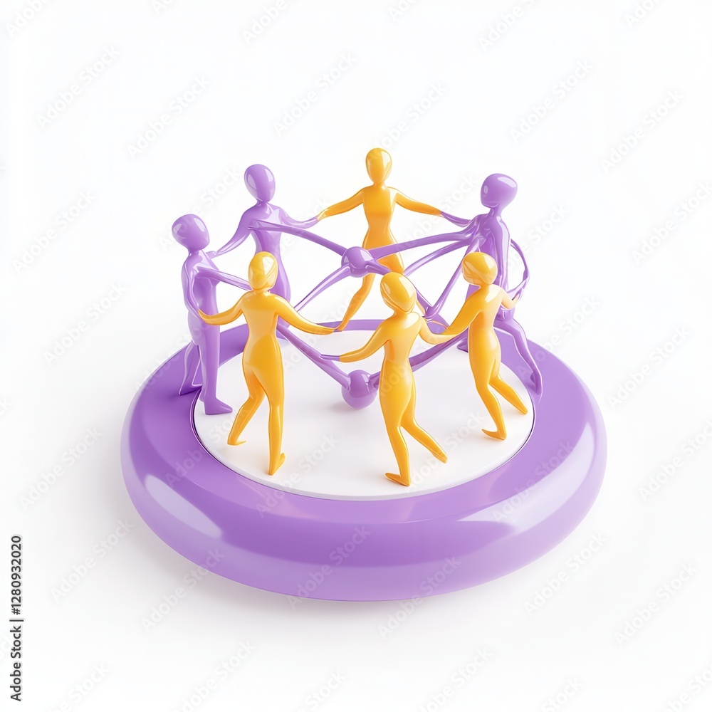 Poster colorful 3d figures interacting on a circular base, representing unity and collaboration in a playfu