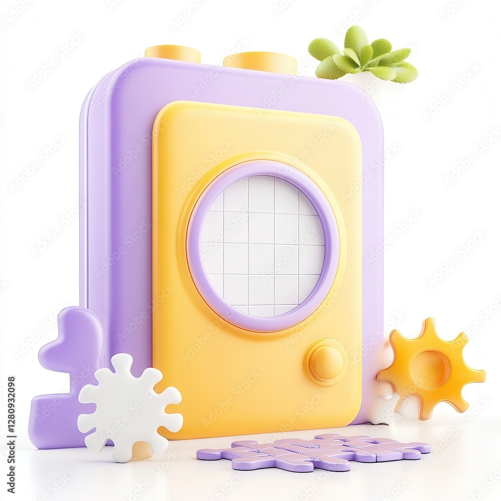 Aufkleber a colorful 3d model of a retro camera with playful shapes and a blank grid screen, showcasing vibran