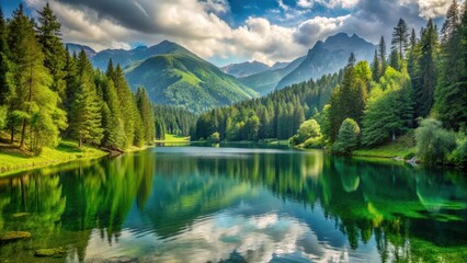 Fototapeta premium A serene mountain lake landscape with lush greenery and towering trees in the distance, surrounded by rolling hills and a gentle breeze , peaceful, leisure