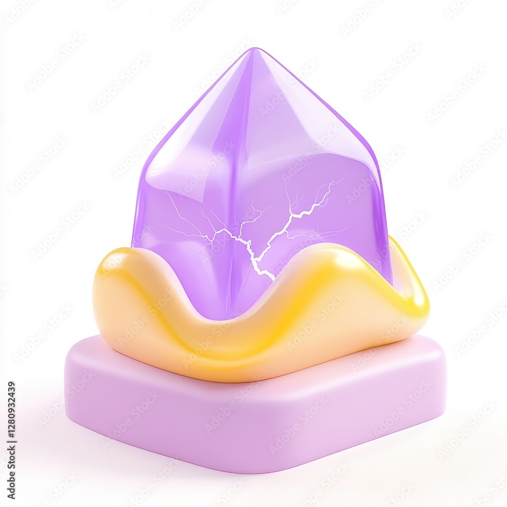 Poster a stylized 3d render of a purple crystal with a lightning motif, resting on a rounded base in soft c