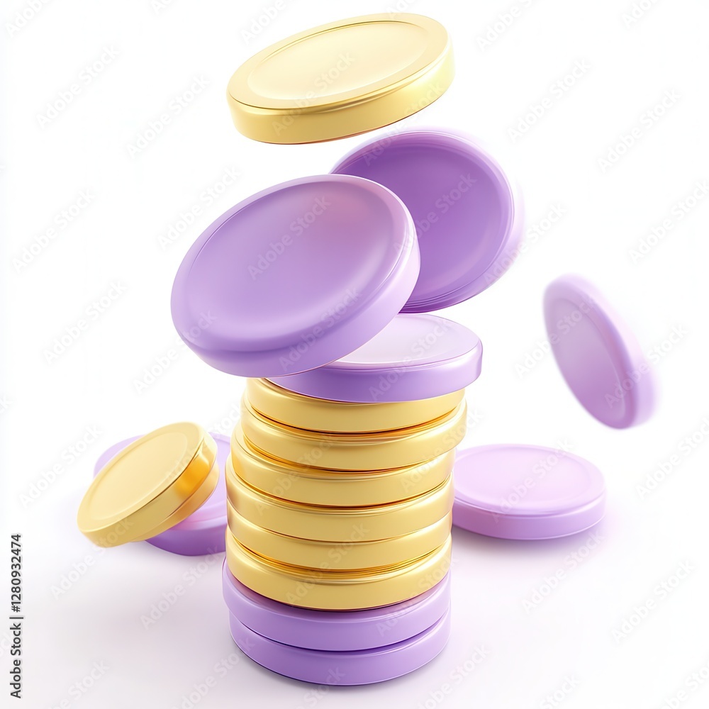 Poster a stack of colorful circular lids in purple and gold, arranged in a playful manner with some floatin