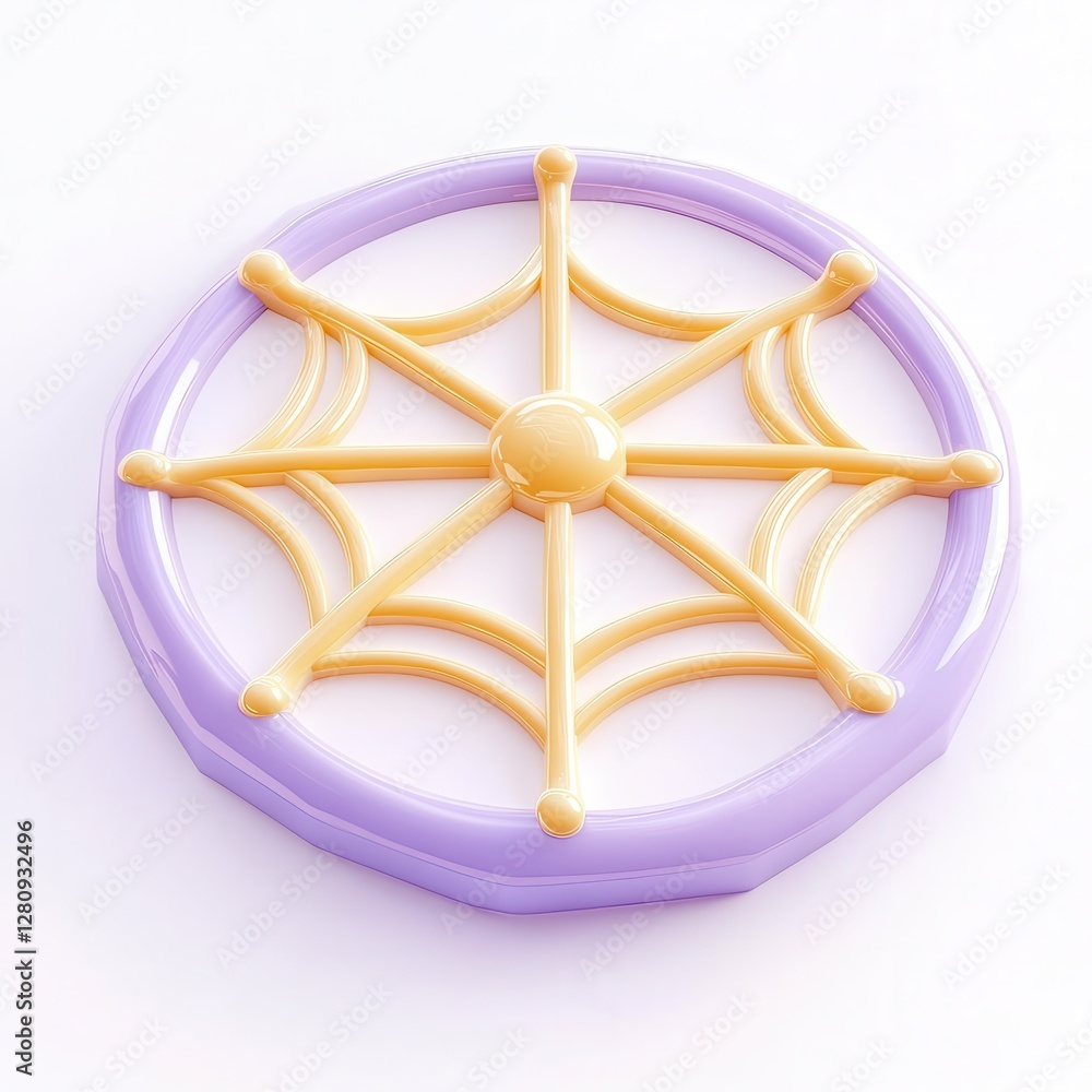 Poster a purple and yellow stylized spider web design on a circular surface, showcasing a 3d model with smo