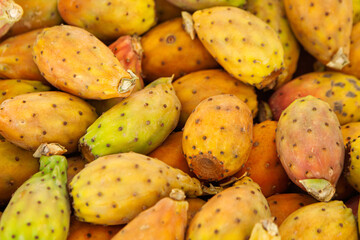 A close-up of fresh prickly pears with a mix of green, yellow, and orange hues. The fruits have a spiky, dotted surface and a rough texture
