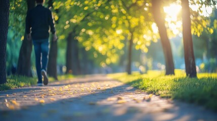 Obraz premium Person walking along a sunlit path surrounded by lush green trees in a serene park setting