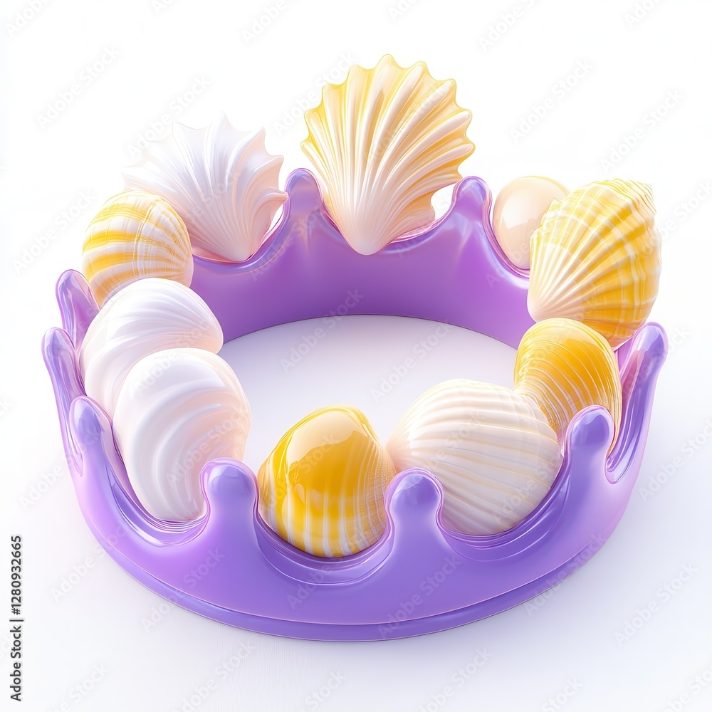 Poster a colorful display of seashells arranged in a circular pattern on a light background.
