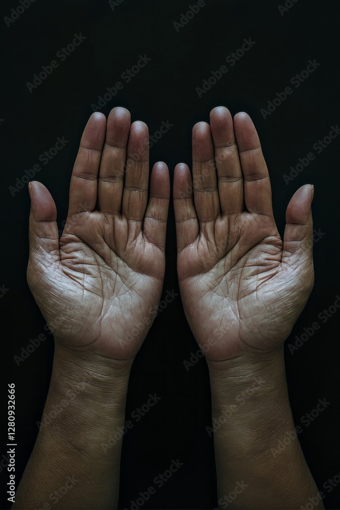 Poster two hands are positioned open against a dark background, inviting contemplation and reflection on li