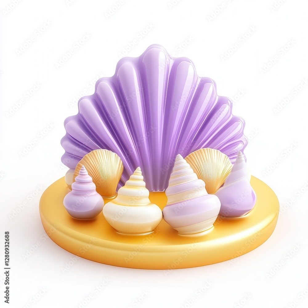 Poster a 3d render of decorative seashells arranged on a golden platform with a large purple shell in the b