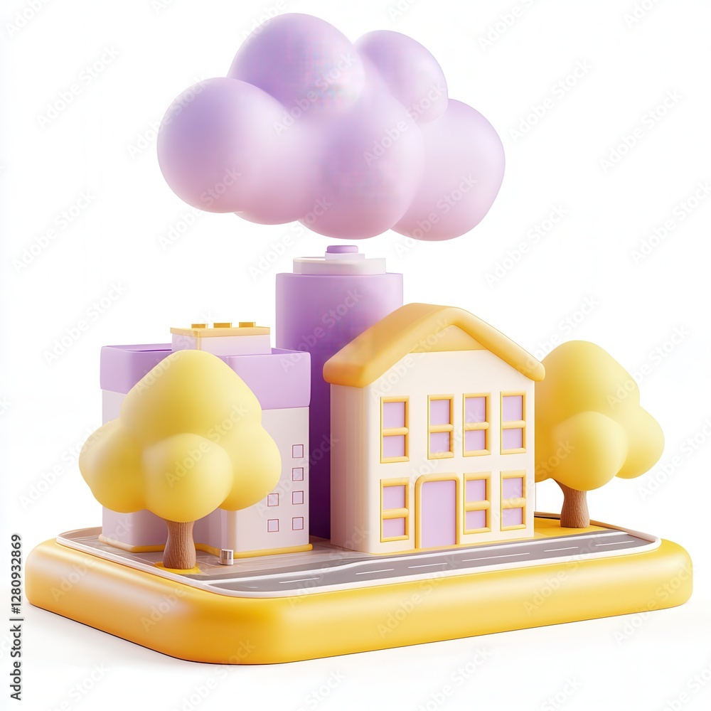 Poster a colorful, playful 3d model of a small town with a cloud and a factory, featuring trees and unique 