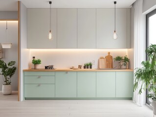 A modern and well lit kitchen with mint colored cabinets
