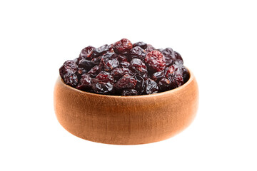 A wooden bowl filled with glossy, wrinkled dried cranberries showcasing vibrant red hues, isolated on a white background. Perfect for food visuals