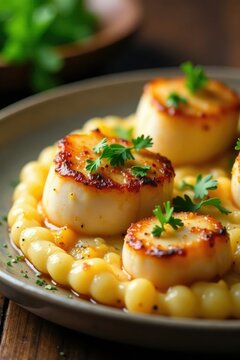 Seared scallops with garlic butter and parsley, pizza, parley