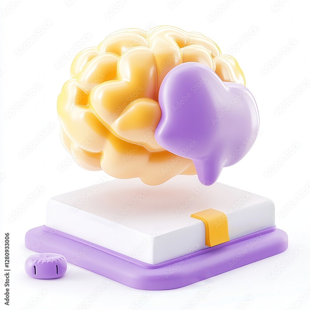 Poster a colorful 3d model representing a brain with vibrant sections, placed on a white platform, combinin