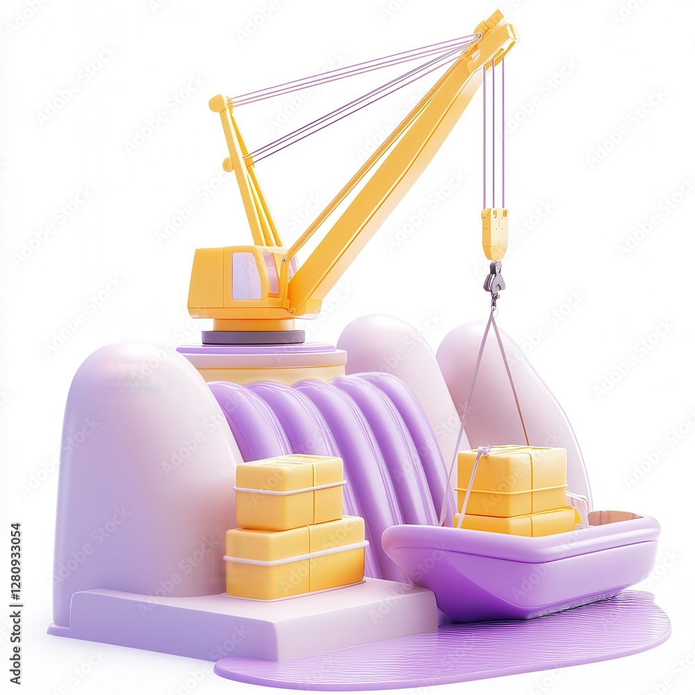 Poster a colorful 3d rendering of a crane lifting boxes from a boat, showcasing vibrant hues and simplistic