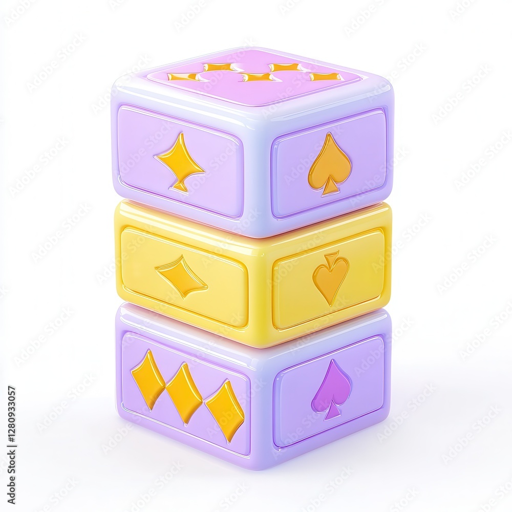 Poster a stack of three colorful, 3d blocks with playing card symbols on them, featuring purple and yellow 