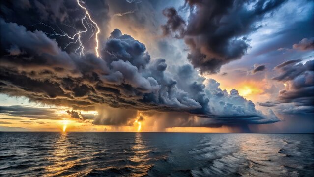 Dark grey clouds rolling across a choppy ocean surface under an intense thunderstorm at sunset, thunder