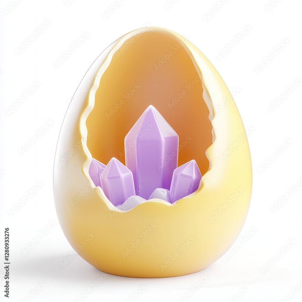 Poster a 3d rendered egg shell with colorful crystals emerging from the inside, showcasing a unique and art