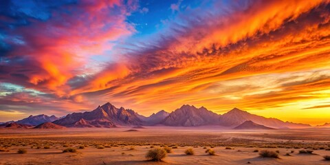 Naklejka premium Panoramic sunrise over a vast desert landscape with towering mountains and a vibrant sky ablaze with hues of orange and pink, sunrise, scenic view