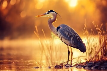Beautiful gray heron in the golden hour, standing on the shore of an autumn lake with reeds and rocks, Generative AI
