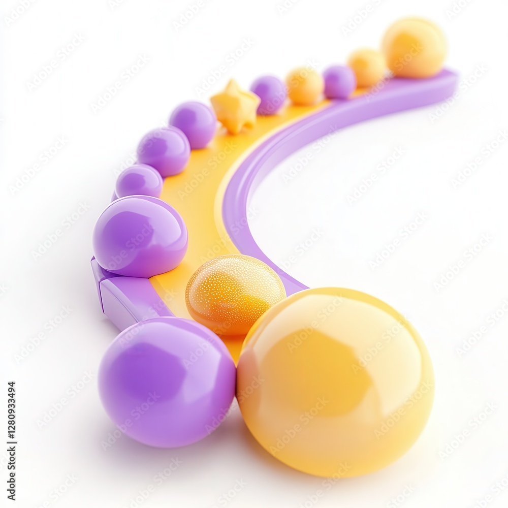 Poster a colorful arrangement of glossy spheres in various sizes, set on a curved track with a playful aest