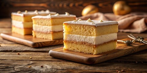Delicious vanilla cake slices on a rustic wooden table with a soft, warm light source highlighting its fluffy texture and golden-brown edges, kitchen decor, food