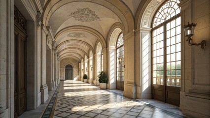 Obraz premium Impressive and Ornate Hallway of a Magnificent Historical European Palace or Museum Featuring Arched Windows Intricate Architectural Details and Elegant Marble Flooring