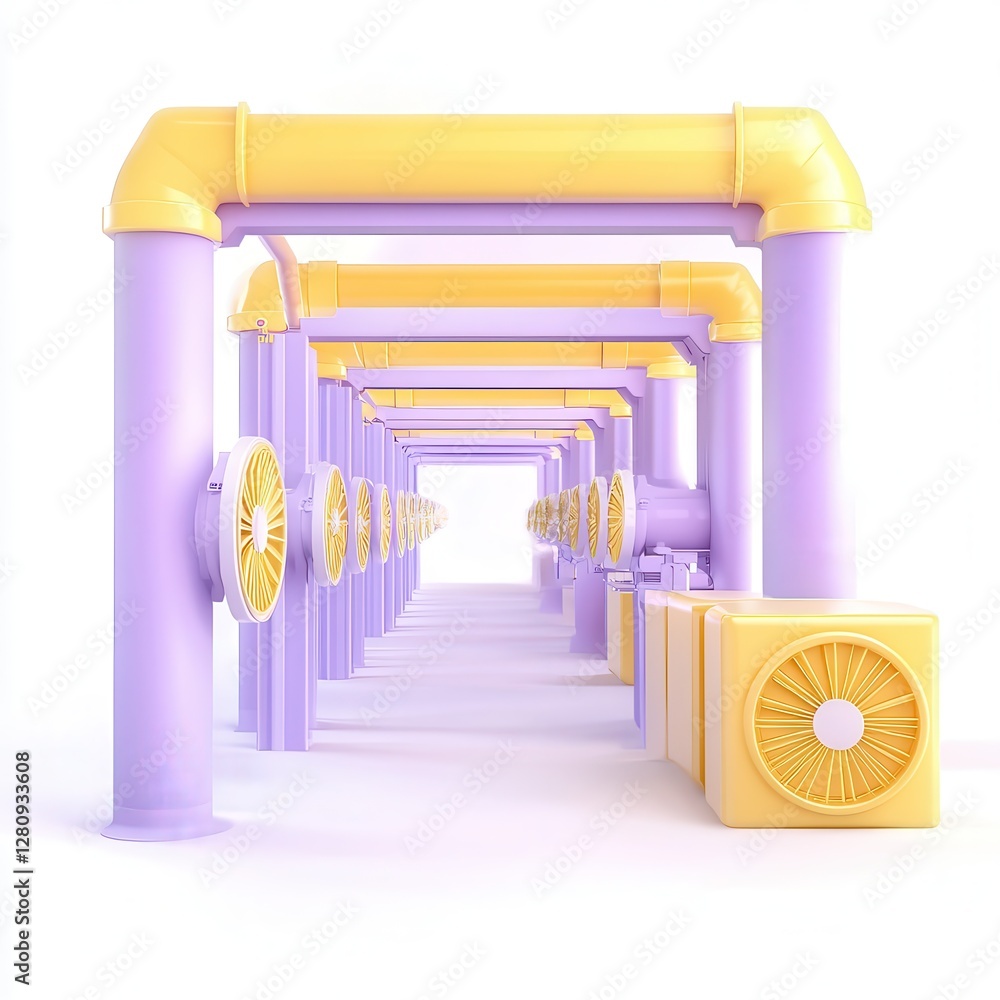 Poster a colorful rendering of industrial pipes and fans arranged in a tunnel-like structure.