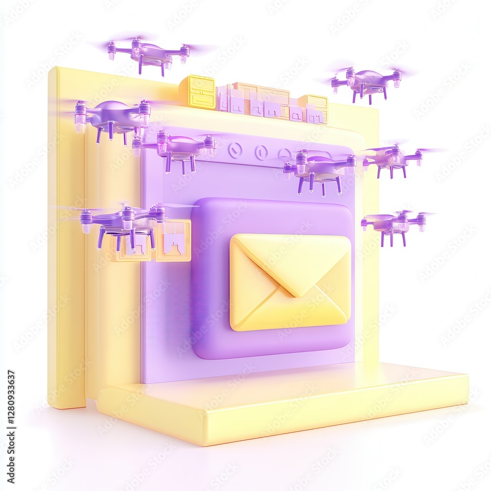 Poster a colorful 3d rendering of drones flying around a mail envelope symbol, depicting modern technology 