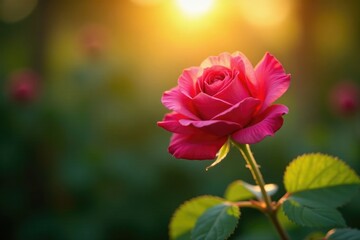 single rose bloom with golden light filtering through leaves, wild, sunlit, sunshine