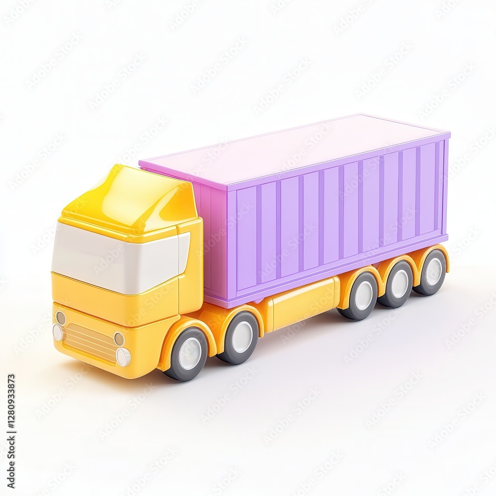 Poster a colorful 3d model of a truck with a purple container on the back, designed for playful visual appe