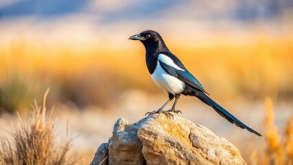 Fototapeta premium Black-billed magpie perched on a rock in a dry desert landscape on Antelope Island, raptor