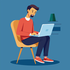 a boy is using his laptop vector